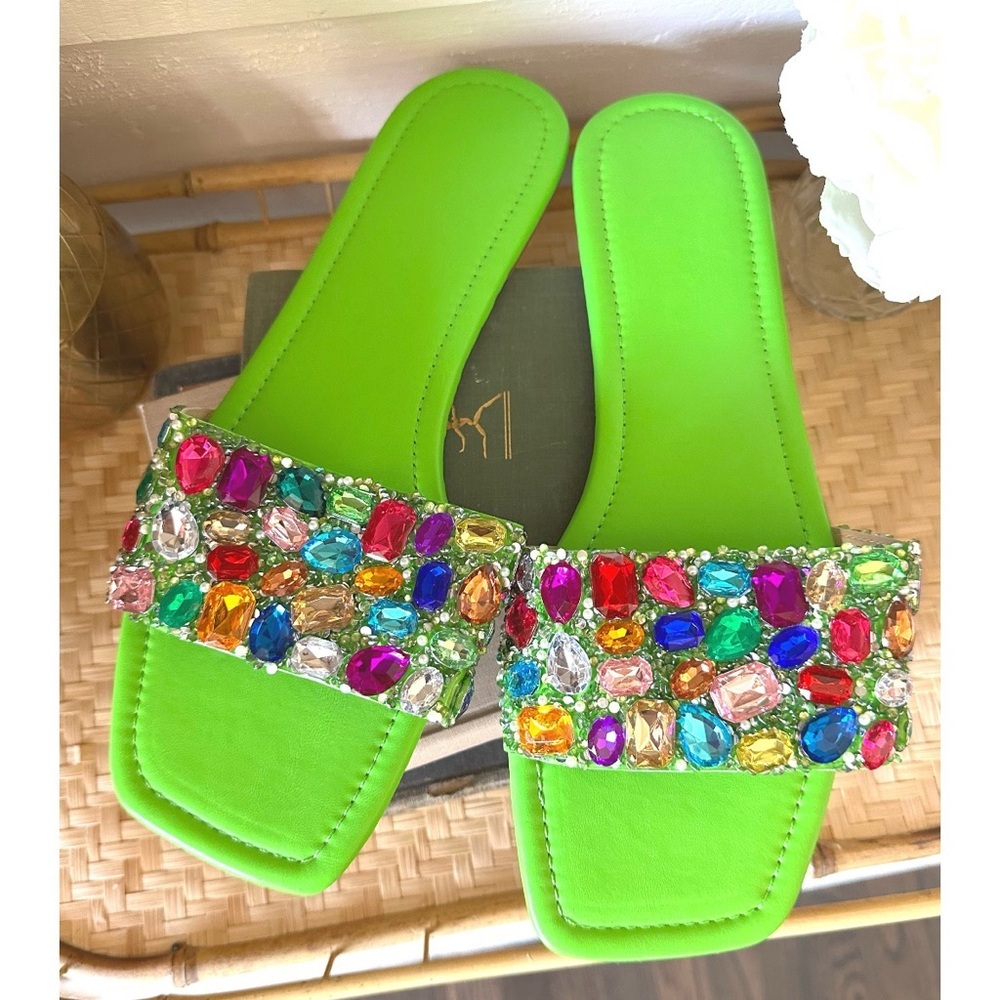 Lime Green Rhinestone Slide on Sandals - Picture 2 of 3